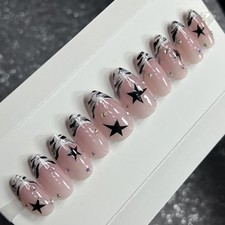    CUSTOM Hard Gel Press On False Nails French ZEBRA 10p Set Medium Almond W Kit