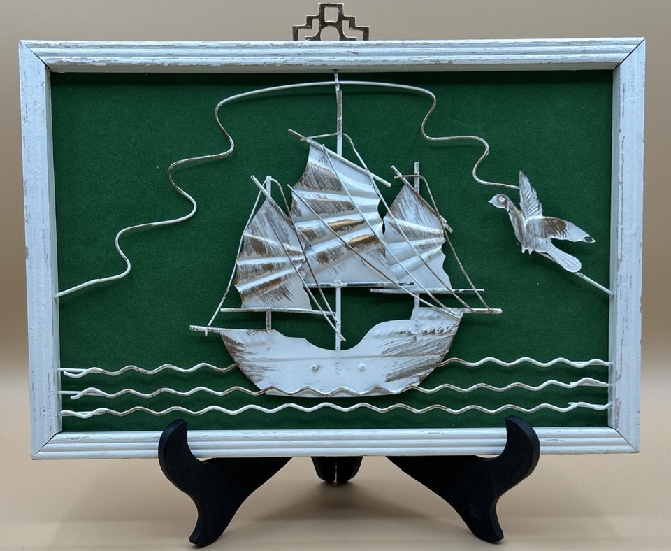 Vintage copper sailing ship in 3D relief on velvet — the ultimate nautical den statement piece with genuine retro charm.