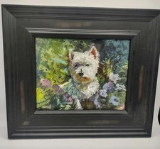 Vtg Oil On Board West Highland Terrier Dog Florals Impasto Realism Framed 13x15