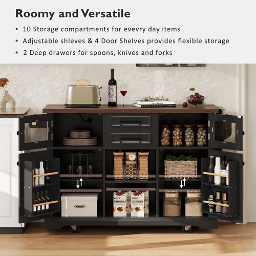Kitchen Island with Drop Leaf, Power Outlet, Kitchen Storage Cart with 4 Door - Picture 5 of 24