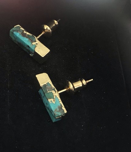 Turquoise 18ct Gold On Silver Stud earrings Dainty Size Stunning - Picture 5 of 6