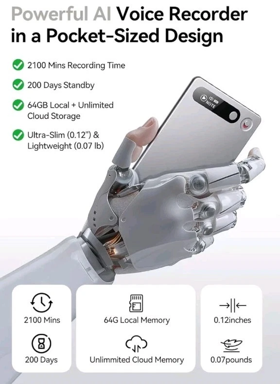 AI Voice Recorder 64GB Digital Recorder w/ Transcription & App Control - Image 4 of 4