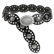 Leather Western Boho Belts for Woman, Concho Vintage Belt for 47.2in Black