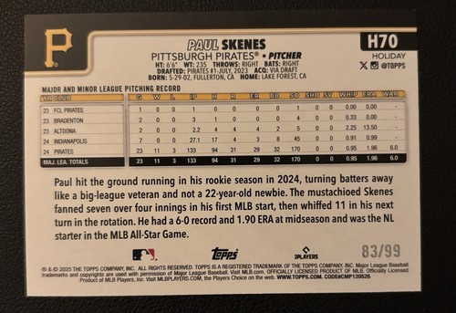 2025 Topps Holiday Paul Skenes Purple Glitter H70 /99 First One Pulled SSP - Bild 2 von 2