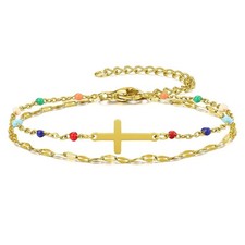 Dainty Double Layer Sideways Cross Bracelet Gold Silver Plated Christian Communi