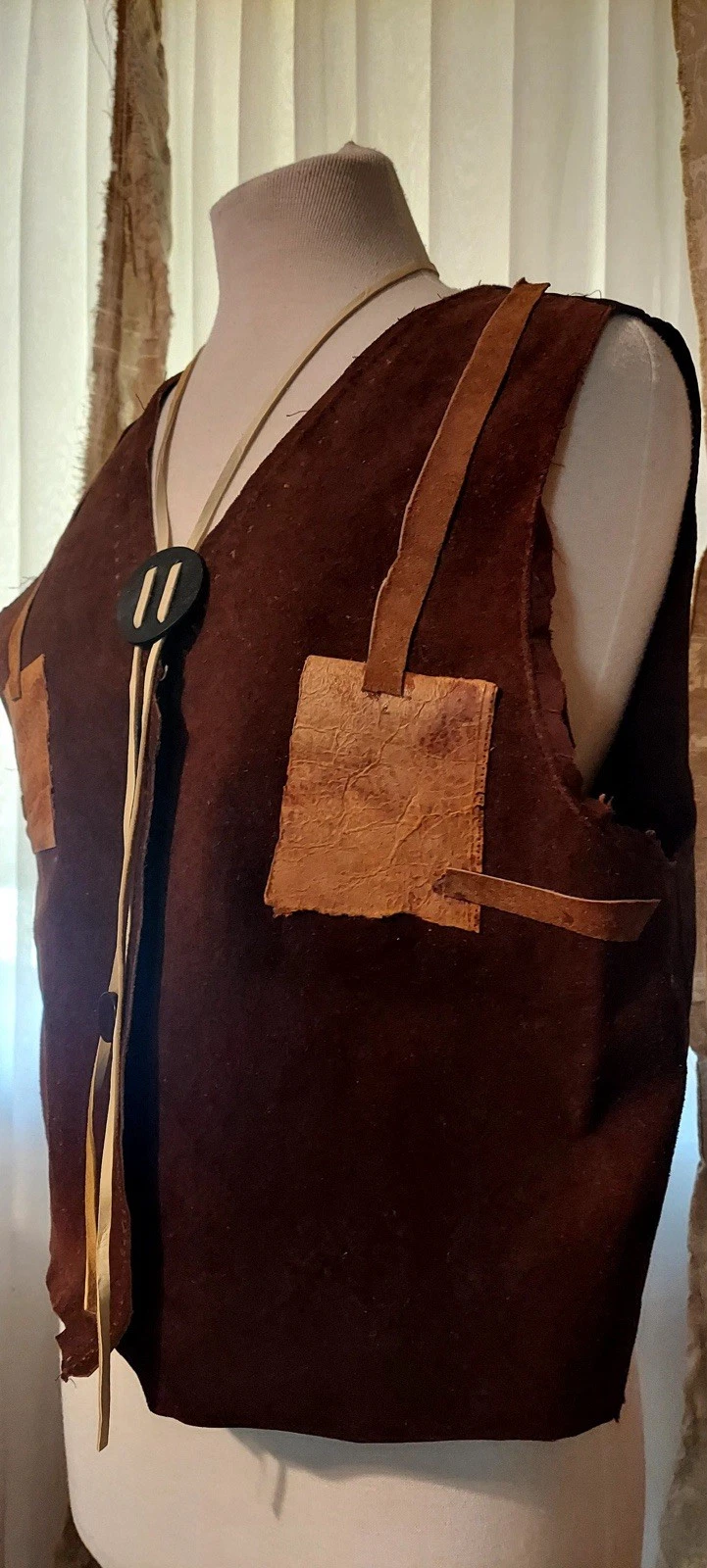 Art To Wear Brown Vest With Leather Patches Women Unisex Sz L Petites 38” Chest
