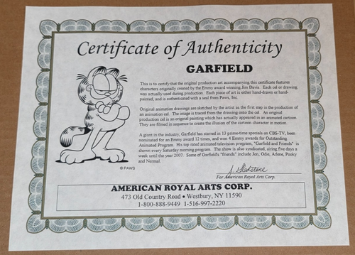 CEL DE ANIMACIÓN DE PRODUCCIÓN GARFIELD FIRMADO POR JIM DAVIS - ENMARCADO CON SELLO Y CERTIFICADO DE AUTENTICIDAD - Imagen 3 de 3