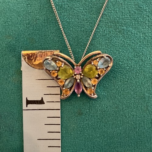 VTG Sterling Silver/14KT Multi Color Stone Butterfly Pendant 18” SS Chain Signed - Picture 5 of 11