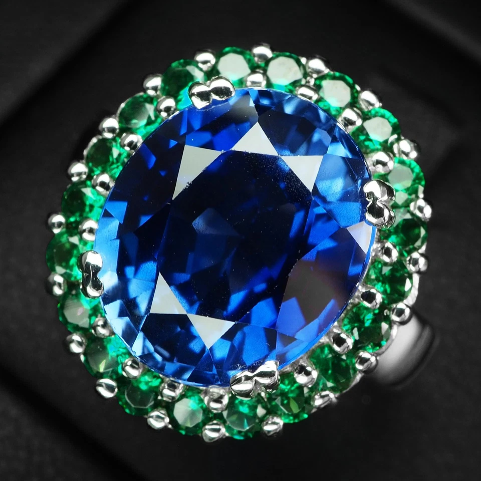 Inestimables anillos con halo de oro blanco de plata de ley 925 de 8,10 quilates con zafiro azul real Foto 2 de 4