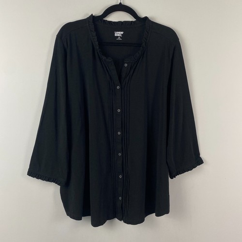 Lands' End Pintuck Ruffle Blouse Size 3X Button Up Black 3/4 Sleeves Stretch