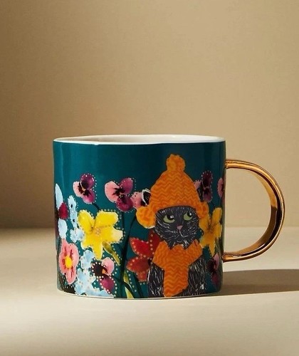 NIB Anthropologie Francesca  Kaye Feline Atelier Cat Mug - Turquoise Floral Cute - Picture 1 of 9