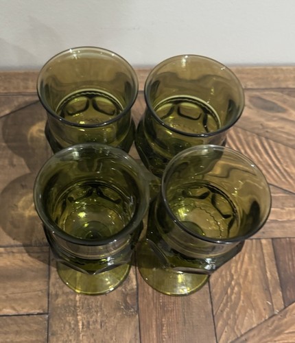 4 Colony King Crown Green Thumbprint Water Goblets Olive Green Indiana Glass - Picture 4 of 6