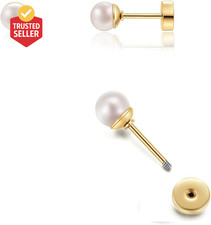 Pearl Stud Earrings Screw Back,Flat Back Pearl Cartilage Helix Earrings 316L Sur