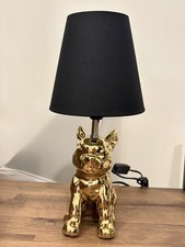 Image of 19music gold French Bulldog lamp with black lampshade with bulb