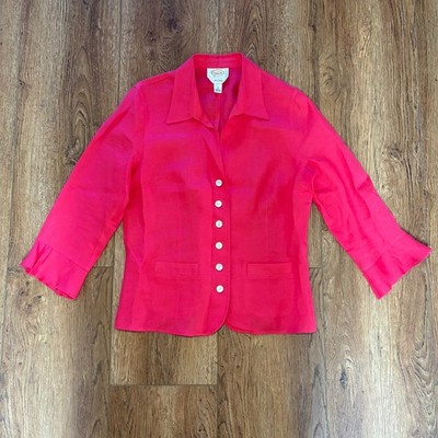 Talbots 100% Irish Linen Pink Button Front Ruffle Cuff Top Womens Size 8 Career