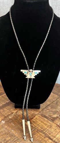 Vintage Western THUNDERBIRD BOLO TIE Silber Türkis Schwarz Leder