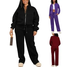 Womens 2Pcs Outfits Sweatsuit Tracksuit Set Zip High Waist Wide Leg Sweatpants