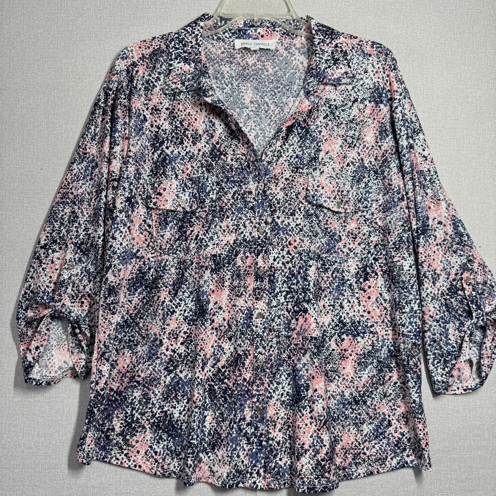 Emily Daniels Blouse Womens XL Multicolor Polka Dot Button 3/4 Sleeve Tunic Top