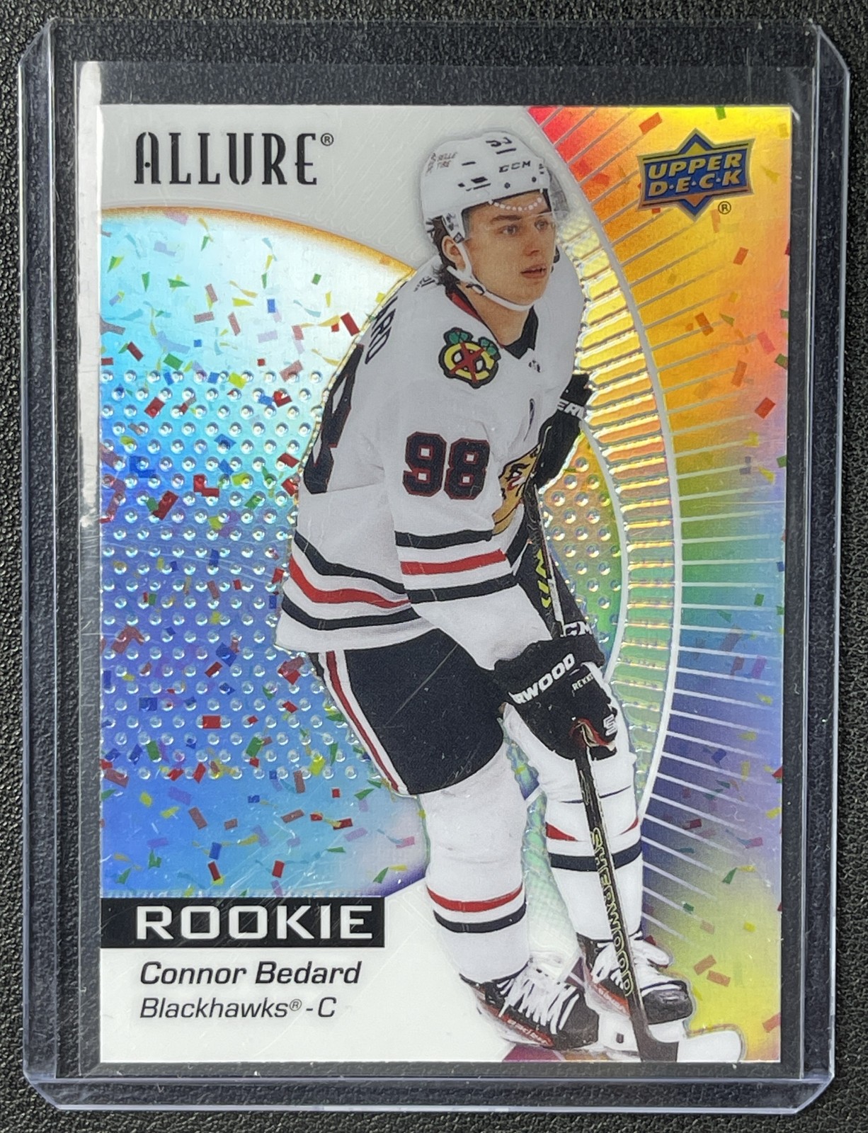 CONNOR BEDARD 2023-24 UPPER DECK ALLURE #102 ROOKIE RC CONFETTI BLACKHAWKS