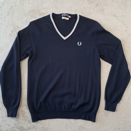 Fred Perry Pullover Herren 40 Small Blau Merinowolle Strick V-Ausschnitt Sweater Italy