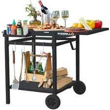Outdoor Grill Table Cart 35" 22" Movable Pizza Oven Stand Foldable Double-Shelf