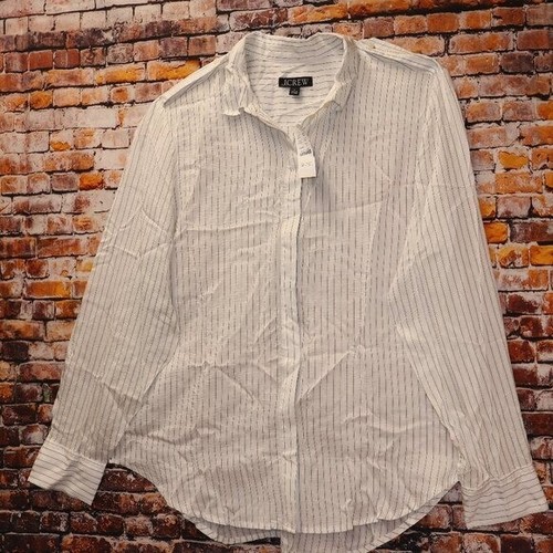 J. Crew Bluse Streifen lang Rollriegel Ärmel Schulterklappen Knopfleiste Damen Größe L - Bild 3 von 11