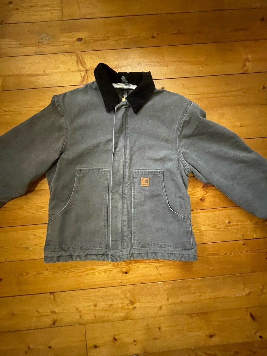 Carhartt Gray Work Jacket Zip Closure Black Collar Logo Lined