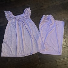 Vintage Bernette New York Lavender Pajama Set Lace Satin Feel Size Large