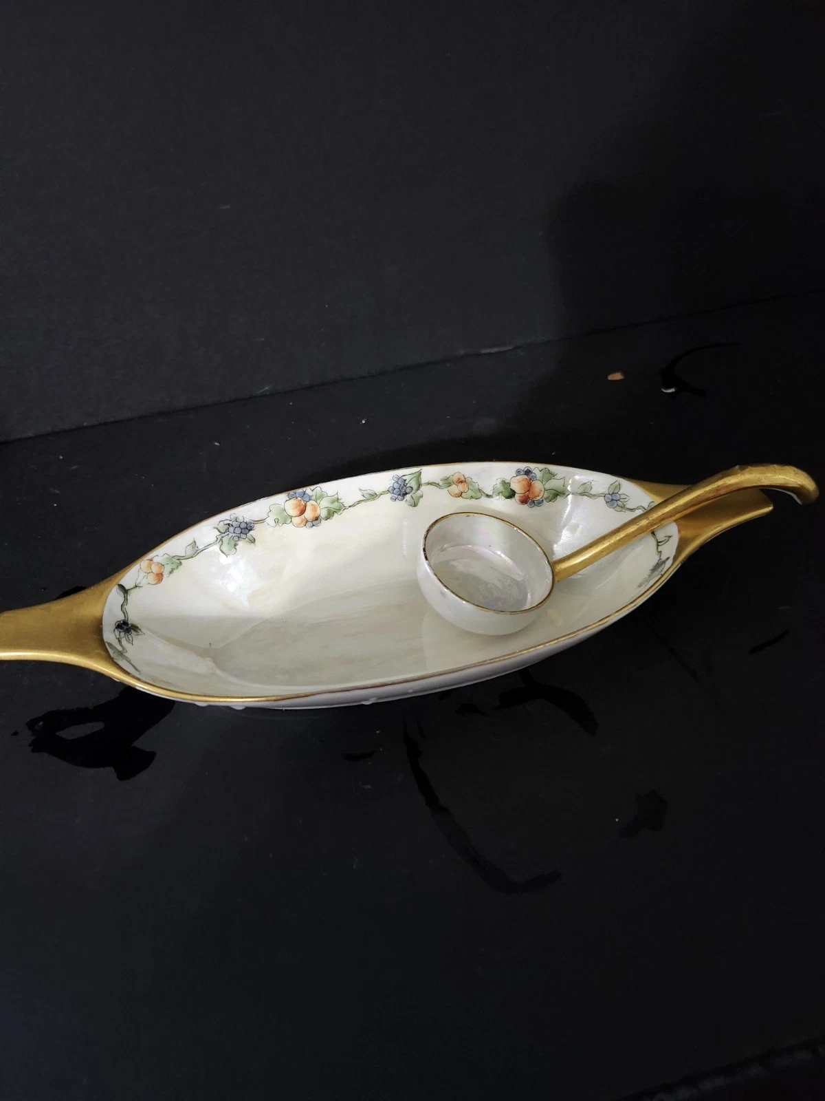 Antique Favorite Bavaria Germany Hand Painted Sauce Sidh With Gold Painted Ladle