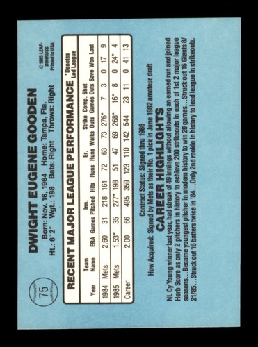 1986 Donruss #75 Dwight Gooden - Picture 2 of 2