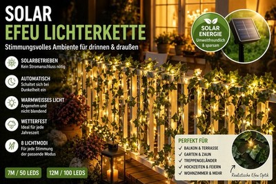 Solar Efeu Lichterkette 7m LED warmweiss Garten Balkon Deko autom. wetterfest