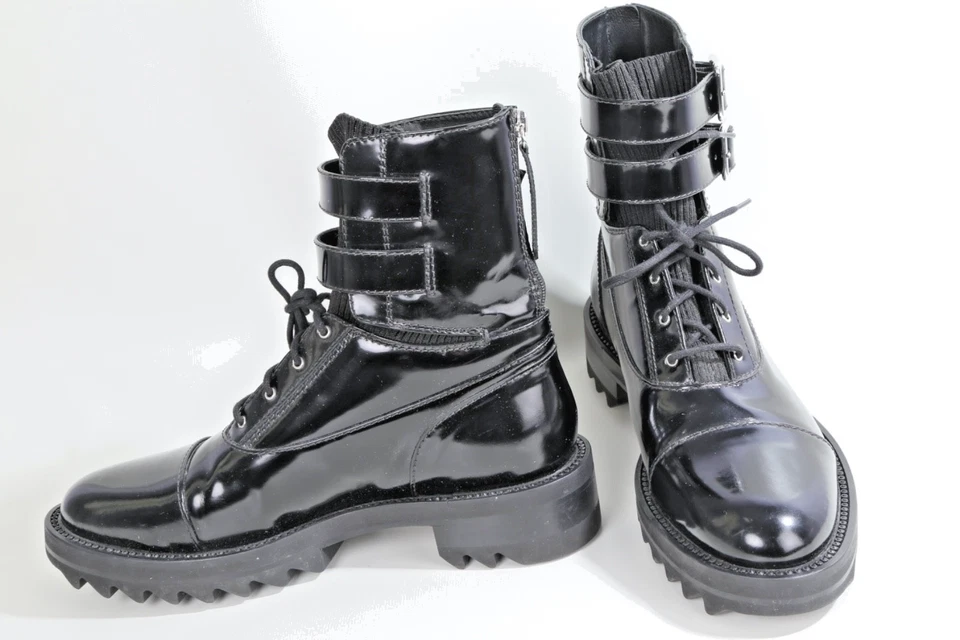 Tamara Mellon Black Leather Military Buckle Ankle Boots Size 39 Designer Style - Image 2 of 4