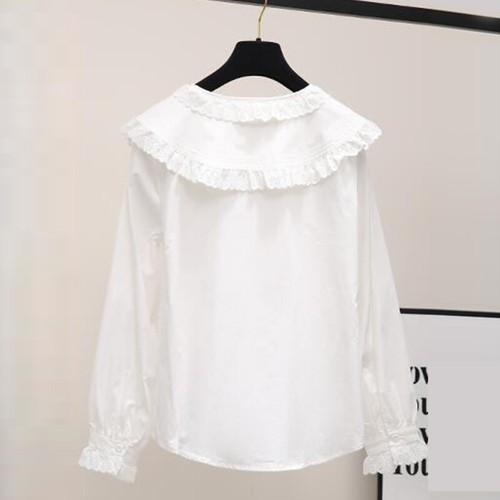 Women Retro Lolita Lace Blouse Shirt Peter Pan Collar Loose Top Ruffle Frill - Picture 7 of 15