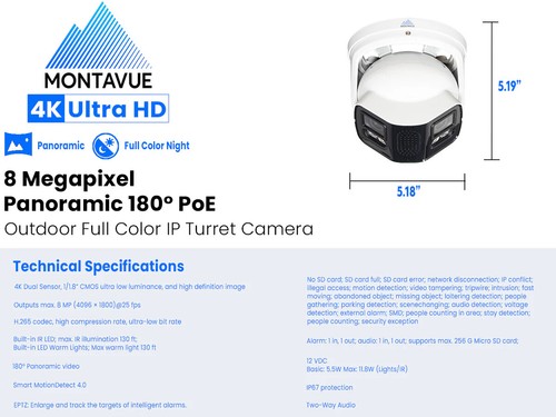 Cámara de seguridad Montavue 4K 8MP IP67 AI torreta panorámica red audio bidireccional - Imagen 3 de 3
