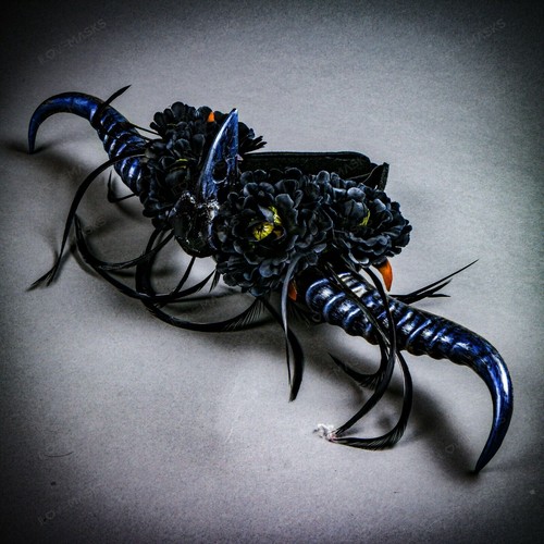 Disfraz de cuervo Diablo Animal Calavera con cuernos de impala Diadema Diadema Negro Azul - Imagen 2 de 8