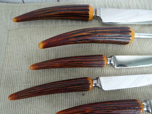 9 Vtg Regent Sheffield Steak Knives Knife Carver Fork England Faux Antler Horn - Picture 4 of 10