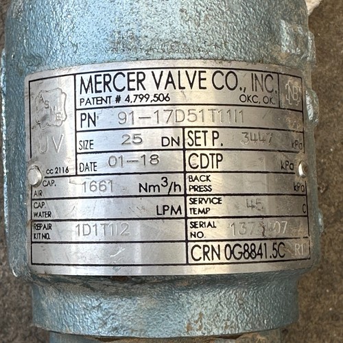 Válvula de alivio de seguridad de presión Mercer 91-17D51T11/1 1" DN25 3447kPa PRV - Imagen 5 de 8