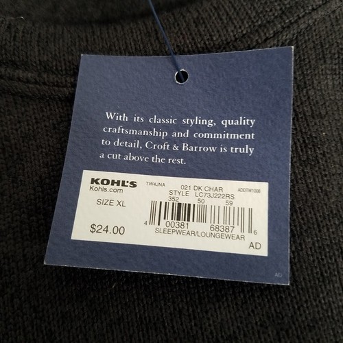 Croft & Barrow Men's Sleepwear Shirt XL Charcoal GRAY Ultrasoft Lounge Top New - Picture 5 of 5