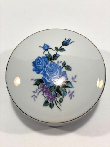 Vintage Porzellan Schmuckschatulle blaue Rosen handbemalt Made in Japan 4" x 2" - Bild 3 von 5