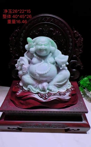 18 Zoll natürlicher grüner Smaragd Jadeit Jade Maitreya Buddha Statue (Holzgrundpreis) - Bild 2 von 9