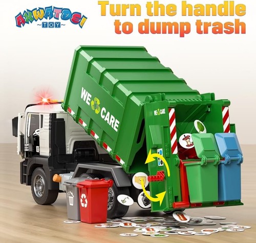 Friction Powered Garbage Truck Toy with Lights, Sounds & 4 Trash Bins – Kids Fun - Picture 10 of 10