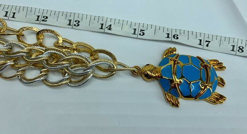 Enamel Blue Turtle Pendant On Chunky Two Toned Long Chain Statement Necklace - Picture 8 of 12