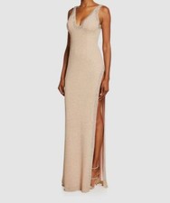 $650 Jovani Womens Pink Metallic Beaded V-Neck Side-Slit Jersey Gown Dress Sz 14