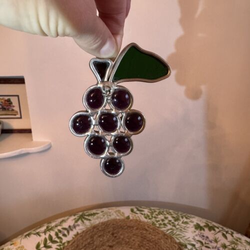 Stained Glass Window Hanging Suncatchers Apple Cherries Grapes, Set Of 3 - Picture 3 of 11