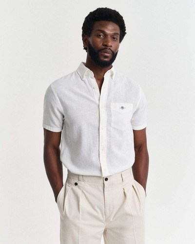 GANT Mens Regular Fit Cotton Linen Short Sleeve Shirt with Embroidered Shield - Picture 11 of 18