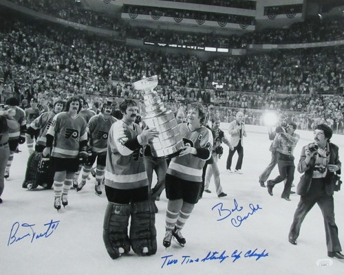 Bobby Clarke/Bernie Elternteil HOF handsigniert/beschriftet 16x20 Fotoflyer JSA