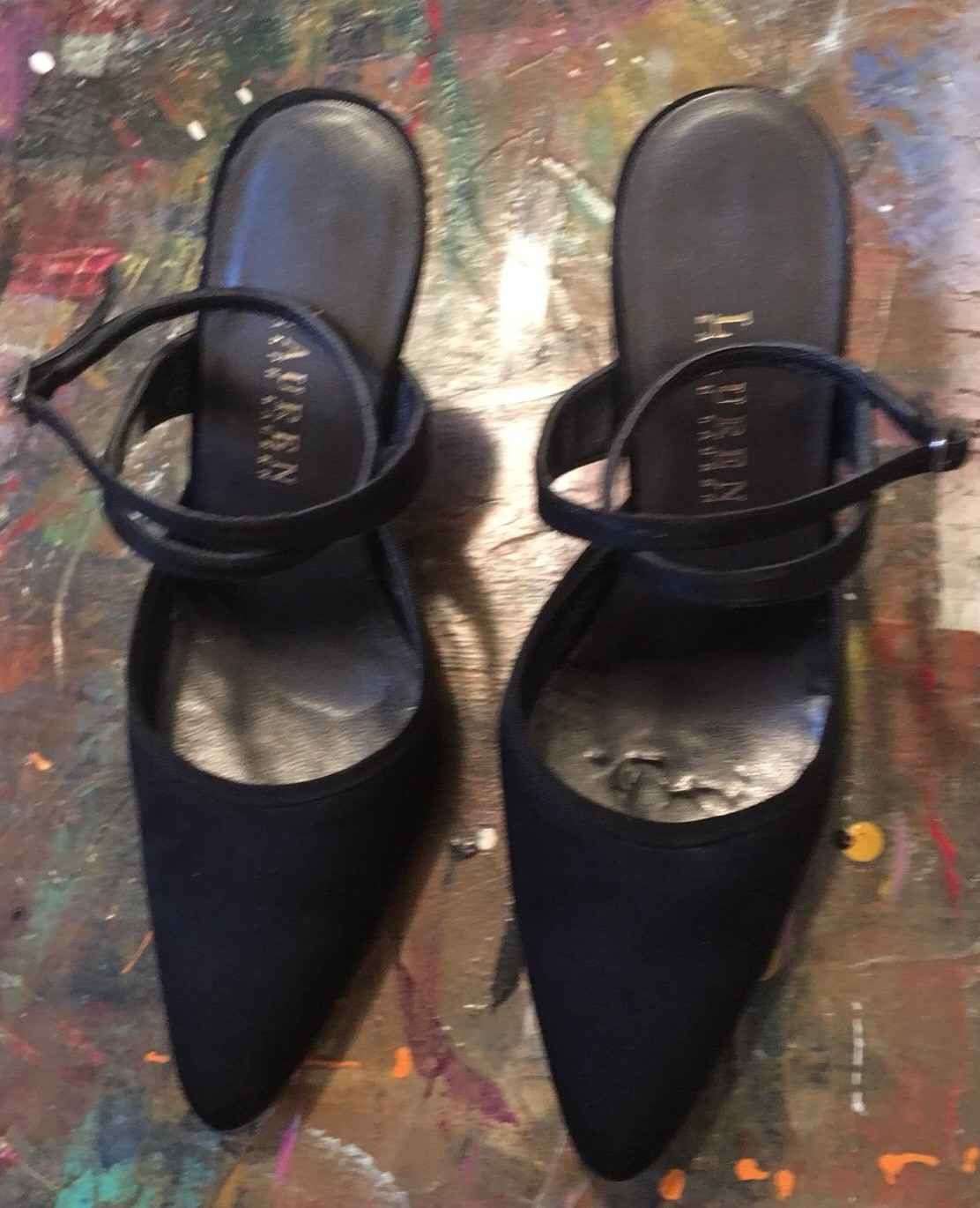 Ralph Lauren black “Luce” satin slingback Ankle heels shoes pumps toes Sz 7B Ralph Lauren black heels “Luce” satin slingback Ankle heels black shoes pumps toes Sz 7B 157adc