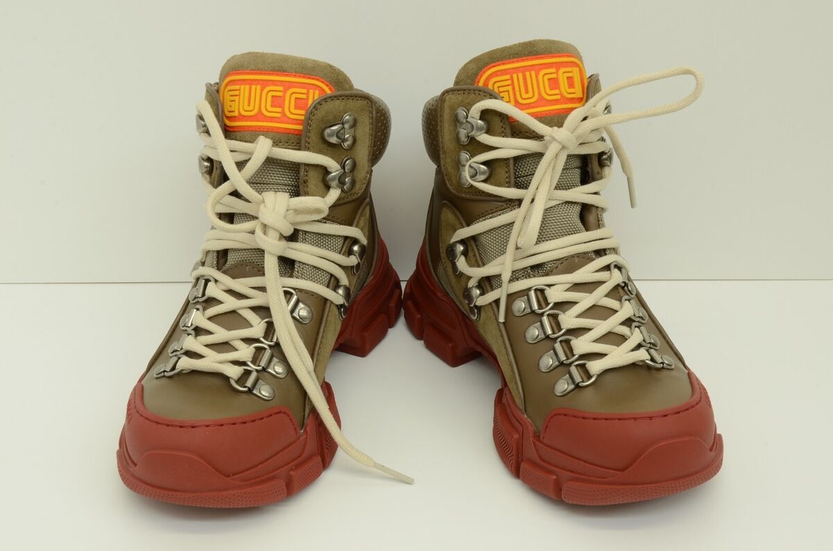 Authentic Gucci Red Rubber Boots Brown Leather 34.5 Womens Authentic Gucci Red Rubber Boots Brown Leather 34.5 Womens