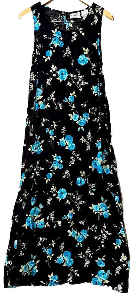 Vestido Studio Ease 10 Negro Floral Rayón Boho Midi Años 90 Y2K Vintage Hippy Solero Foto 2 de 4