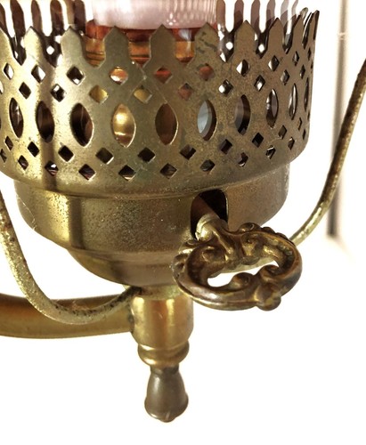 Antique Brass Double Arm Victorian Style Student Lamp, Red Glass Ribbed Shades - Picture 13 of 19